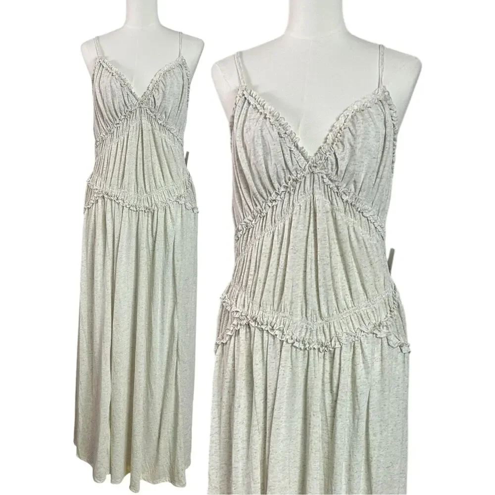 Free People Ethereal Beach Marina Muse Maxi Dress in Natural Neutral Small NWT